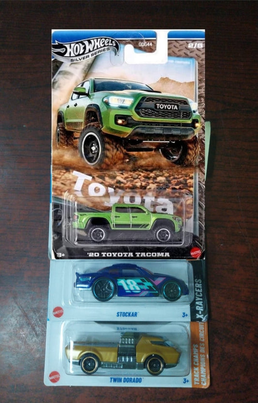 🔥 Hot Wheels Bundle – ’20 Toyota Tacoma + Stockcar + Twin Dorado (3-Pack)