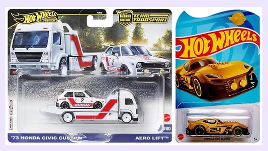 Hot Wheels Team Transport ’73 Honda Civic Custom + Muscle & Blown #Golden (Combo Pack)